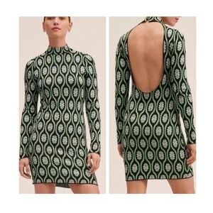 Mango MNG Retro Floral Knit Mini Dress Open Back Mock Neck Green Black XS Size 2